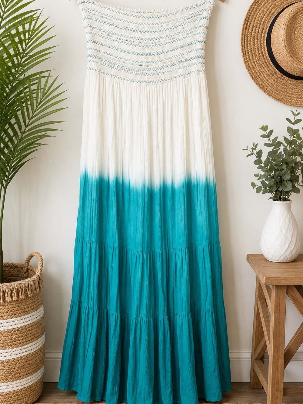 Solitaire Strapless Ombre Maxi Dress White Teal Smocked Boho Beach Size Small